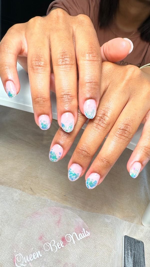 BIAB builder gel nails with blue foil design at Queen Bee Nails Rockingham WA