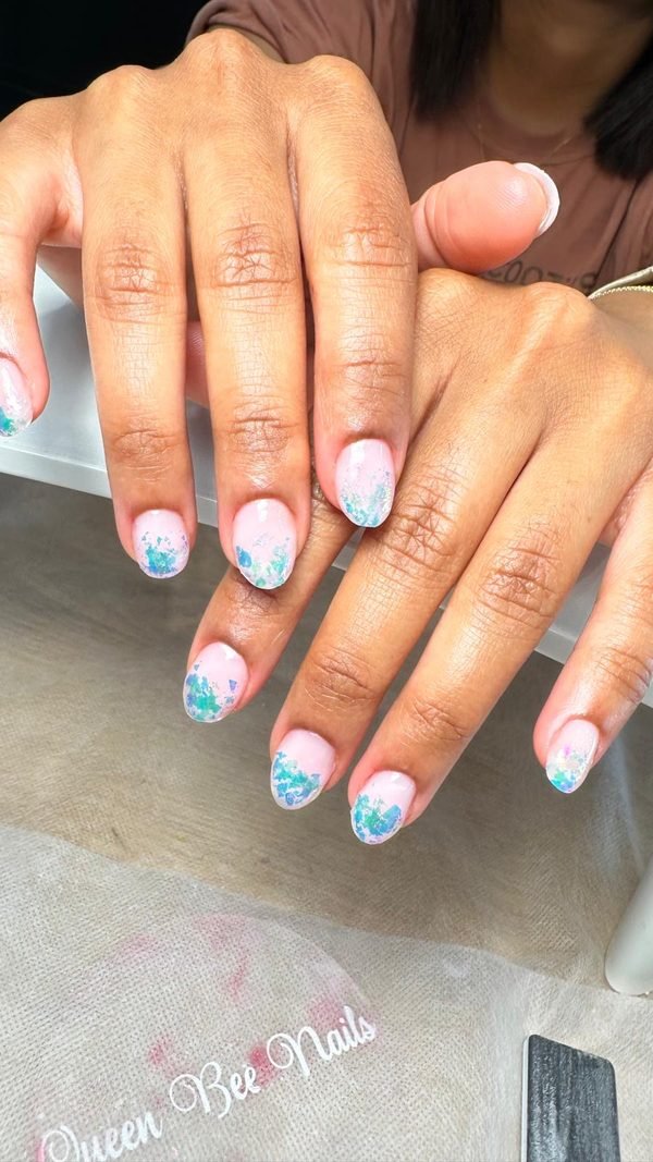 BIAB blue foil nails at Queen Bee Nails Rockingham WA