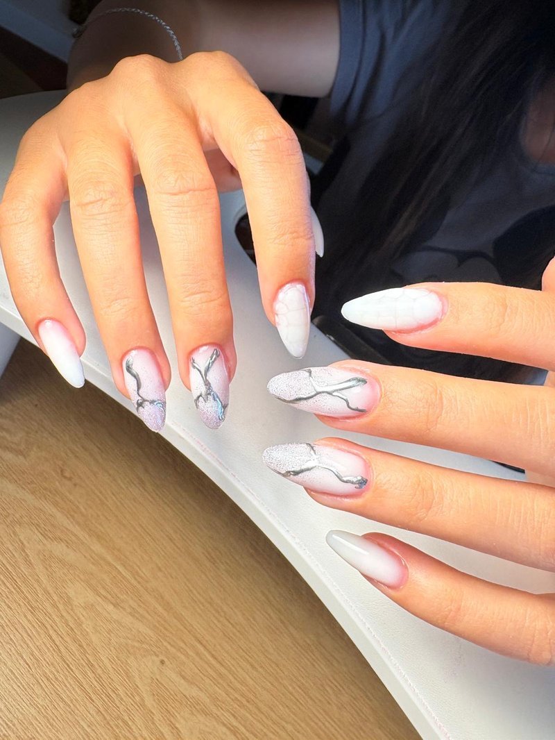 White marble stiletto nail extensions at Queen Bee Nails Rockingham WA