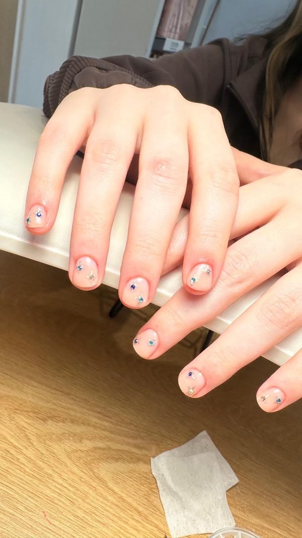 Short natural nails with gem accent at Queen Bee Nails Rockingham WA