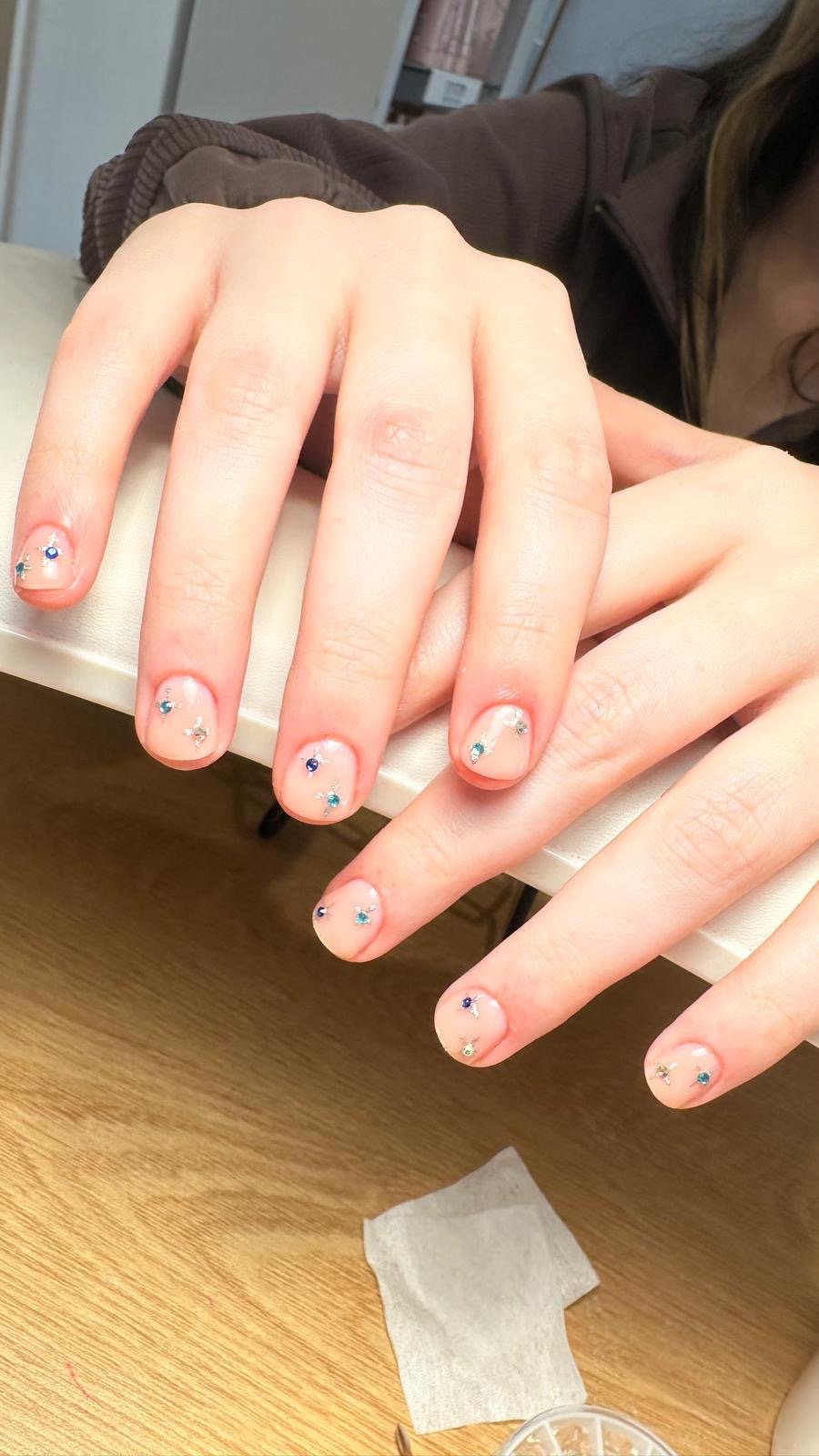 Natural nails with crystal design at Queen Bee Nails Rockingham WA